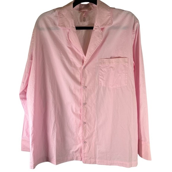 SKIMS Sleep Shirt Women's M/M Pink Cotton Button Down Long Sleeve Pajama Top - Picture 1 of 13